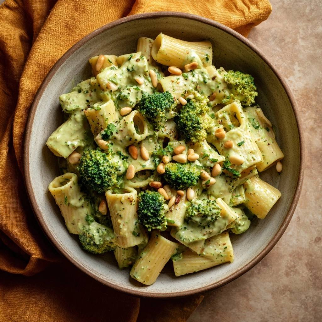 Broccoli pesto rigatoni with crisp florets and pine nuts shown in an overhead view within a rustic bowl.