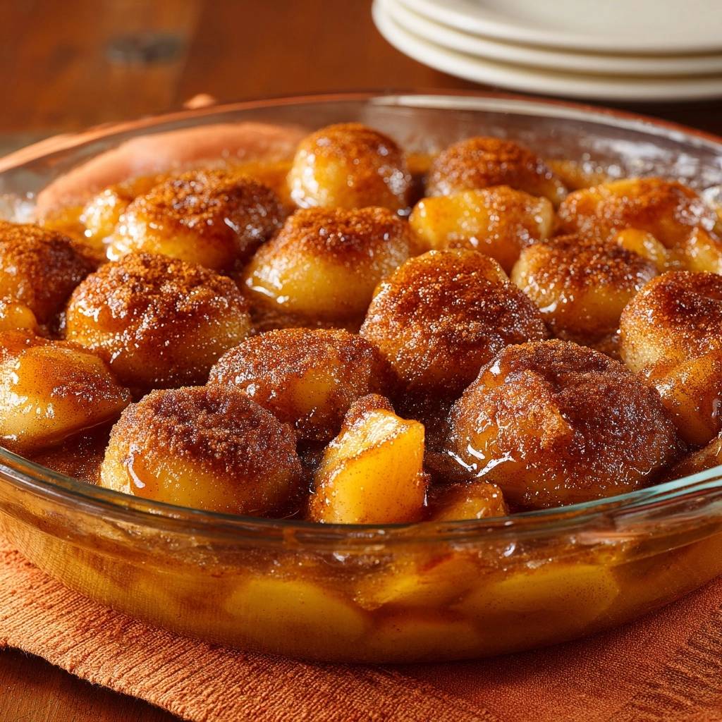 Brown sugar peach dumplings with thick glossy sauce shown close-up in a clear baking dish.