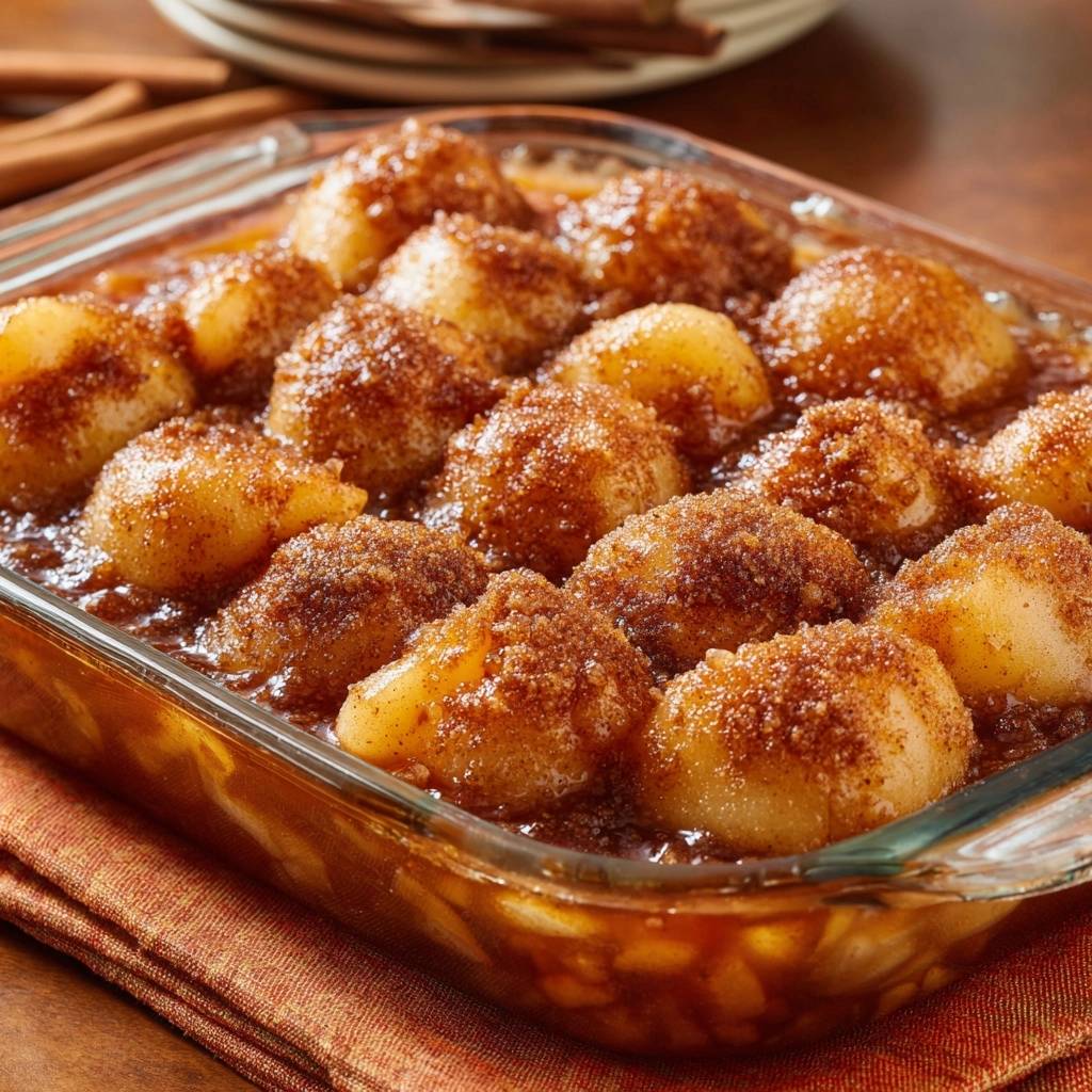 Brown sugar peach dumplings baked in a glass dish with a thick glossy sauce.