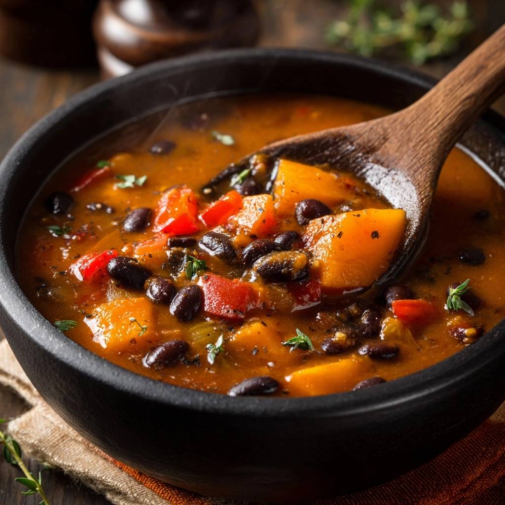 Hearty butternut squash black bean soup served in a black bowl with a wooden spoon lifting a generous spoonful.