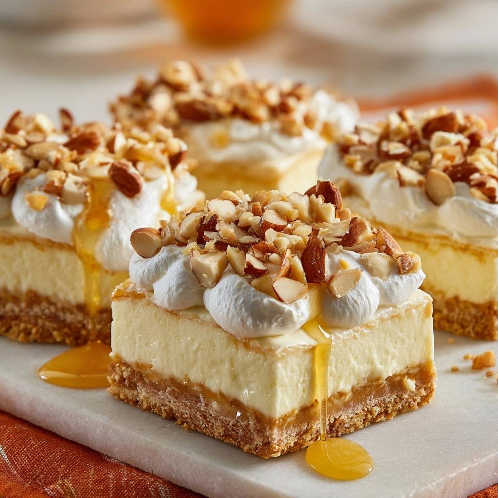 Caramel Peanut Cheesecake Bars drizzled with honey and topped with chopped nuts and whipped cream.