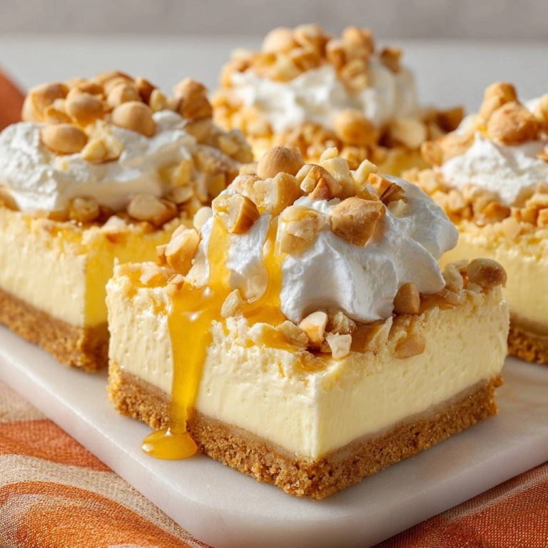 Caramel peanut cheesecake bars with a generous swirl of whipped cream and chopped peanuts, drizzled with caramel sauce.