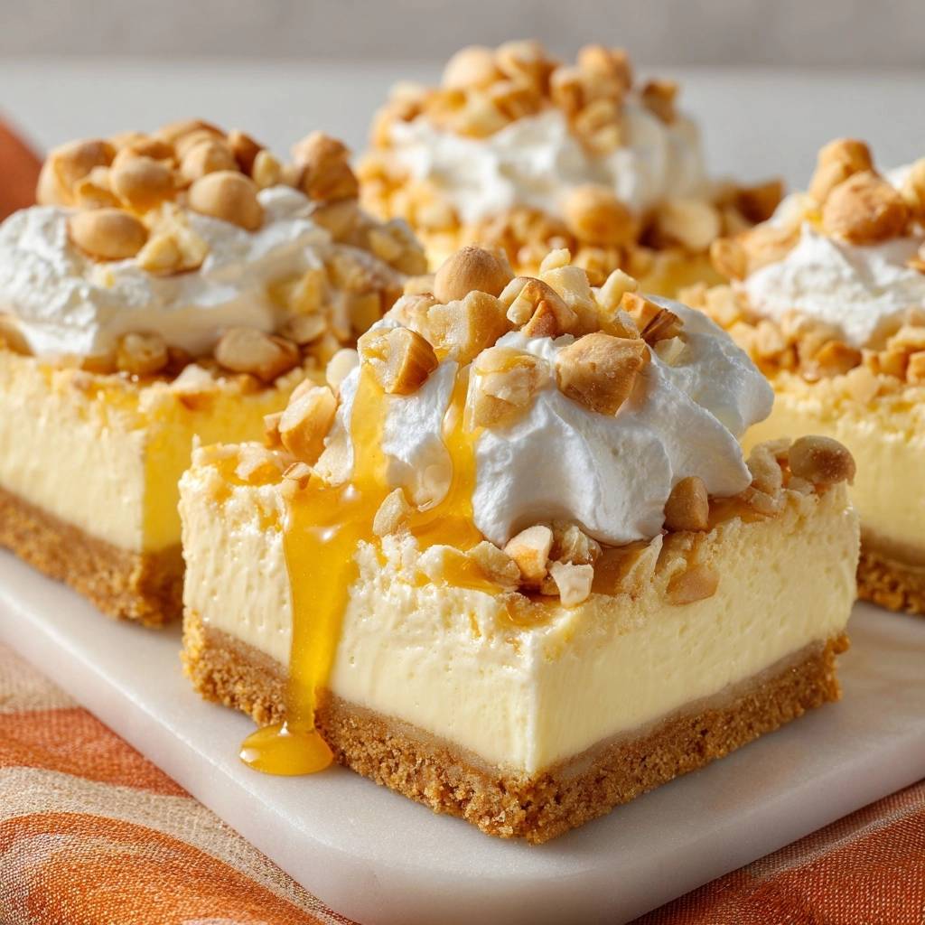 Caramel peanut cheesecake bars with a generous swirl of whipped cream and chopped peanuts, drizzled with caramel sauce.