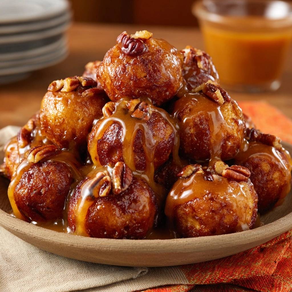 Caramel pecan bites drizzled with caramel glaze and topped with pecans in a wooden bowl.