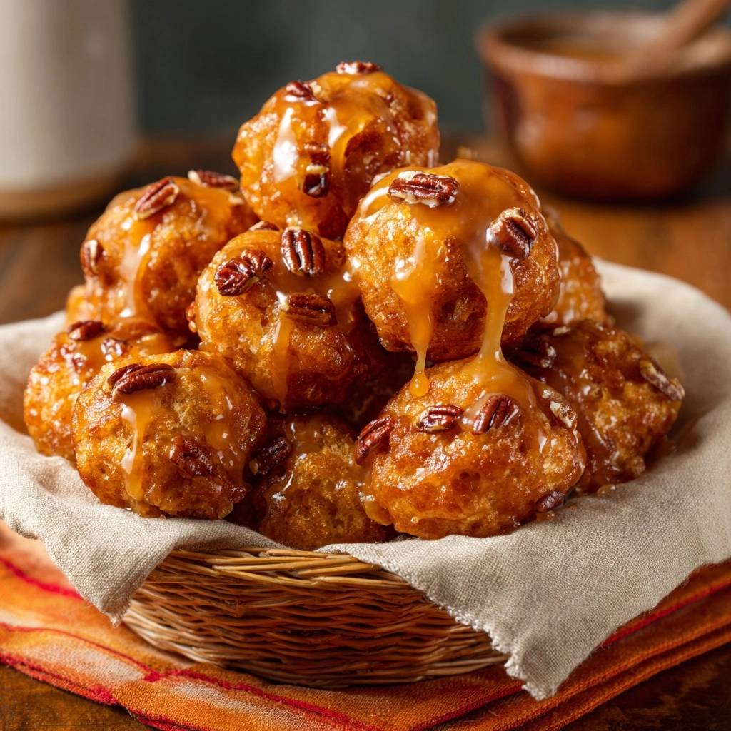 Caramel pecan bites glistening with caramel glaze and topped with toasted pecans in a basket.