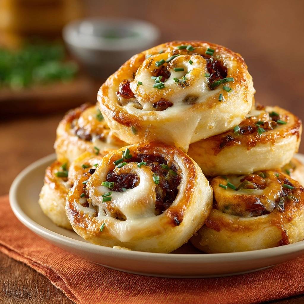 Caramelized onion cheese puff rolls stacked in a pile on a plate, topped with fresh chives.