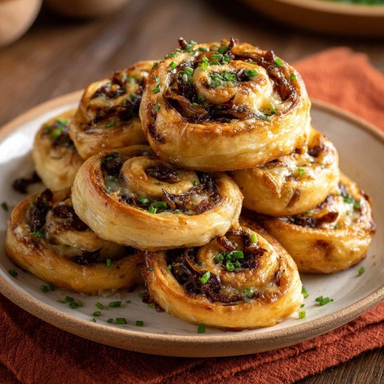 Caramelized onion cheese puff rolls stacked on a plate, garnished with fresh chives.