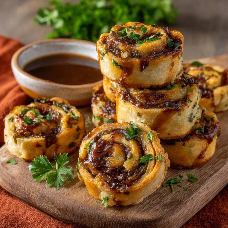 Caramelized onion puff pastry pinwheels stacked high and drizzled with a rich glaze, garnished with fresh parsley.