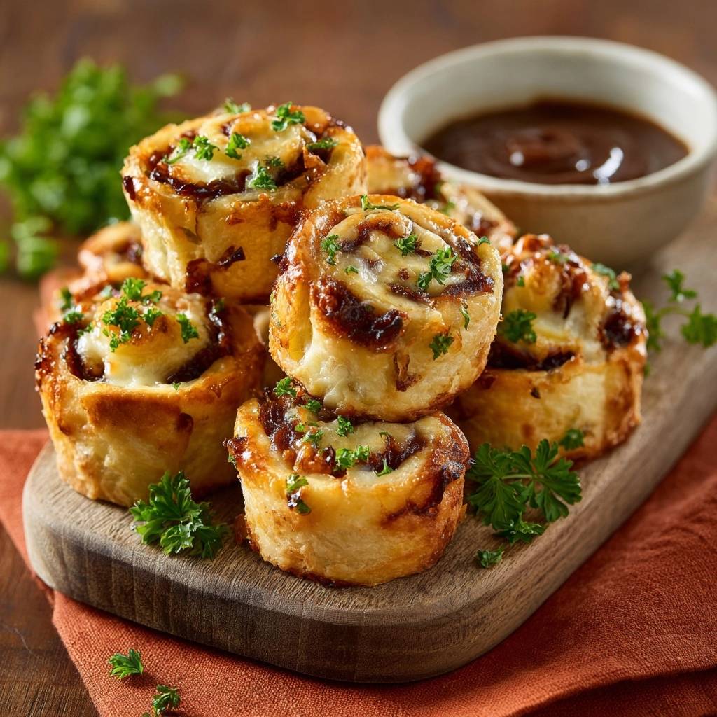 Caramelized onion puff pastry pinwheels stacked on a wooden board, garnished with fresh parsley.