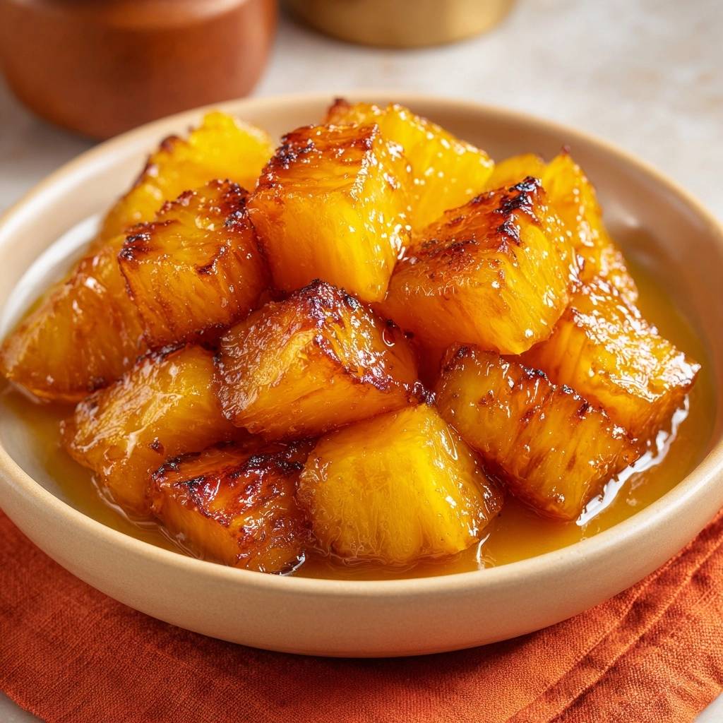 Caramelized pineapple chunks glistening in a bowl, showcasing their golden brown, slightly charred edges and juicy texture.
