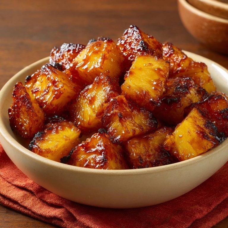 Caramelized pineapple chunks shown in a close-up view within a light-colored bowl, glistening with glaze.
