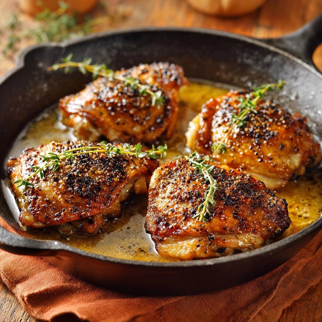 Cast iron thyme chicken thighs with a glistening sauce and fresh thyme sprigs as a garnish in a skillet.