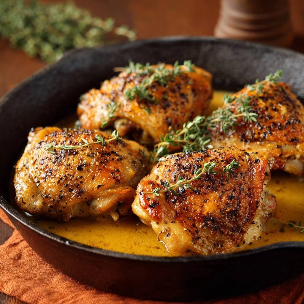 Cast iron thyme chicken thighs nestled in a rich skillet sauce, showcasing browned skin and fresh thyme garnish.