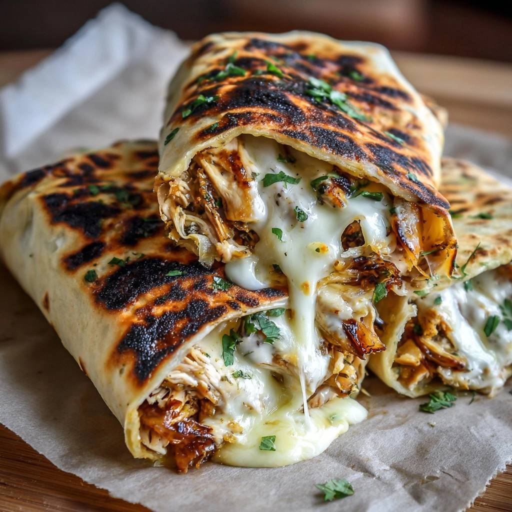 Charred BBQ chicken quesadillas with a gooey cheese pull, showcasing the shredded chicken and melted cheese inside.