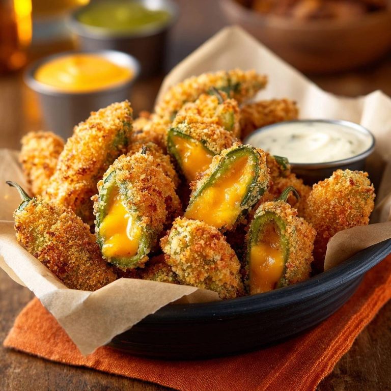 Crispy cheddar jalapeño poppers with bulletproof breading, showing a gooey cheese filling in a cross-section view.