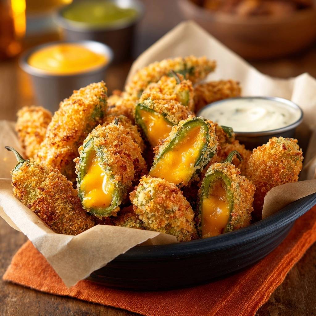 Crispy cheddar jalapeño poppers with bulletproof breading, showing a gooey cheese filling in a cross-section view.