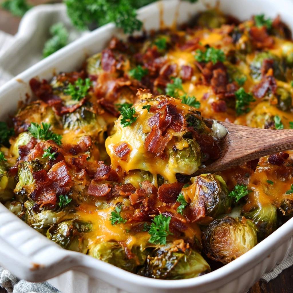 Cheesy bacon Brussels sprouts casserole with a wooden spoon scooping a serving from the bubbling dish.