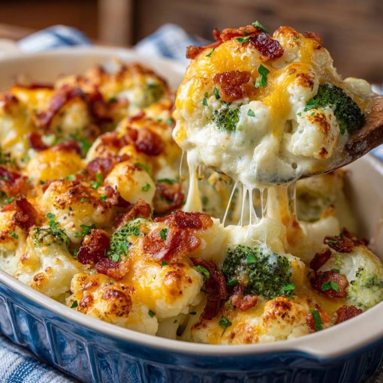 Cheesy bacon cauliflower broccoli bake showing a cheesy pull on a wooden spoon, a close-up of the baked casserole.