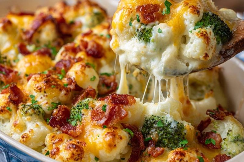 Cheesy Bacon Cauliflower Broccoli Bake