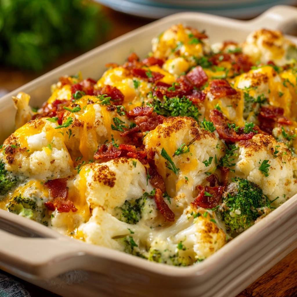 Cheesy bacon cauliflower broccoli bake shown in a baking dish, with a close-up view of the melted cheese and bacon topping.