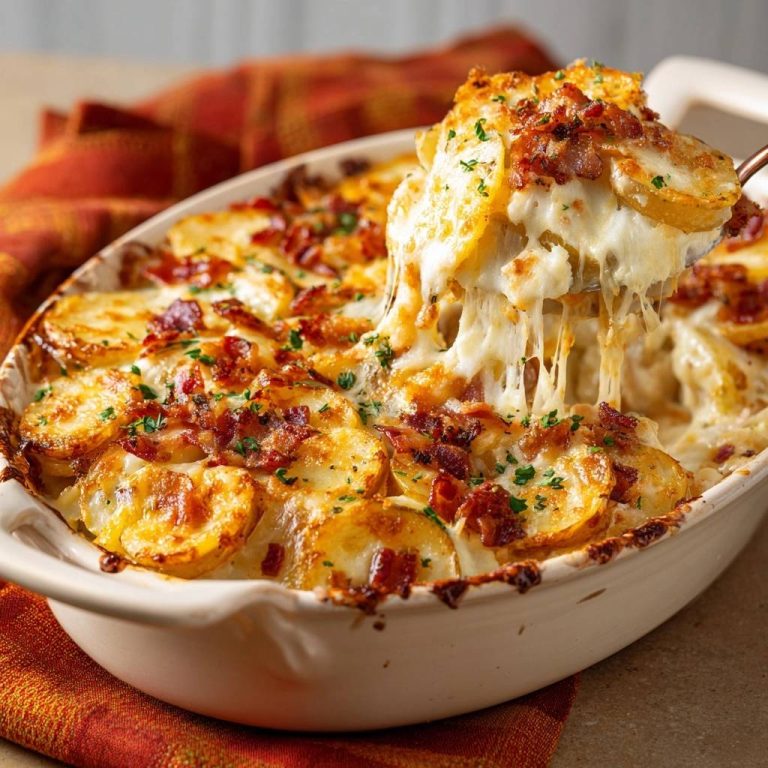 Cheesy bacon scalloped potatoes with a generous serving being lifted out, showing a gooey cheese pull.