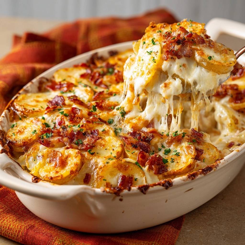 Cheesy bacon scalloped potatoes with a generous serving being lifted out, showing a gooey cheese pull.