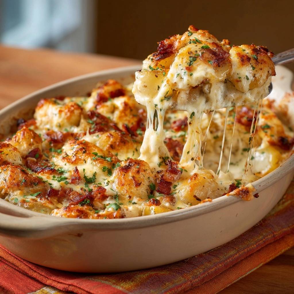 Cheesy bacon scalloped potatoes being served from a baking dish with a spoon, showing melted cheese strands.