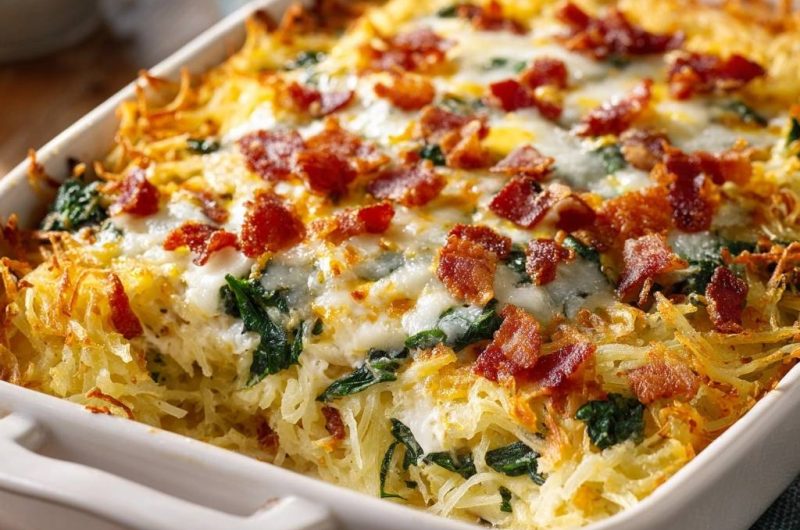 Cheesy Bacon Spinach Hash Brown Casserole