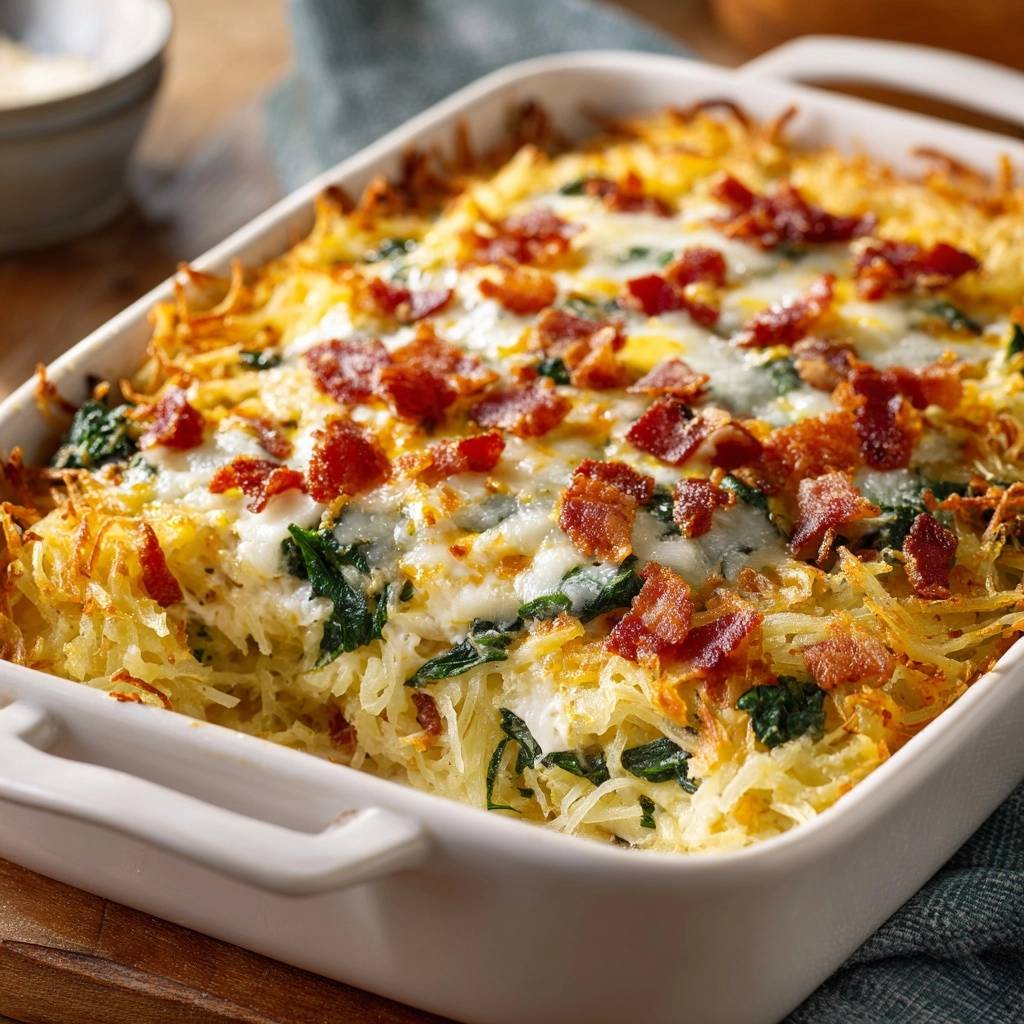 Cheesy bacon spinach hash brown casserole recipe shown in a close-up interior view with melted cheese and crispy bacon topping.