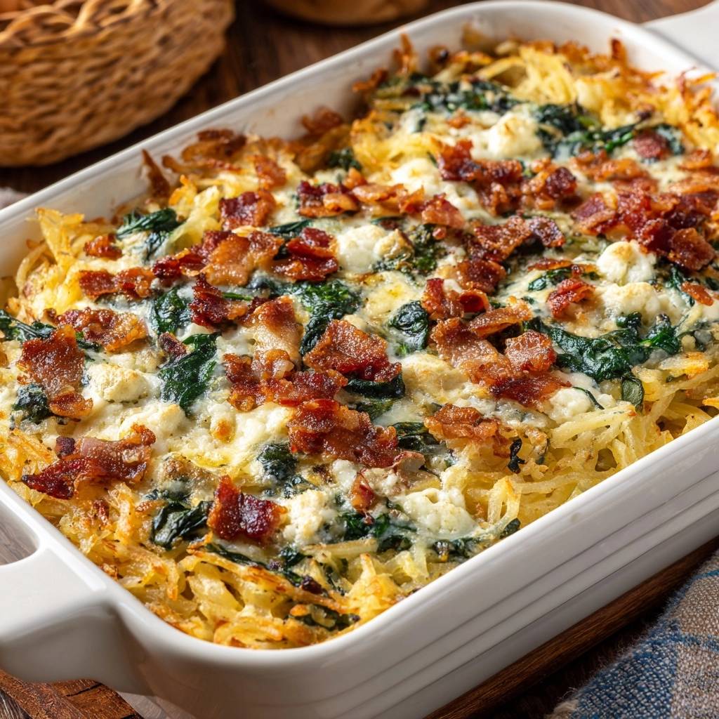 Cheesy bacon spinach hash brown casserole, a close-up view showcasing the crispy bacon and creamy spinach topping.