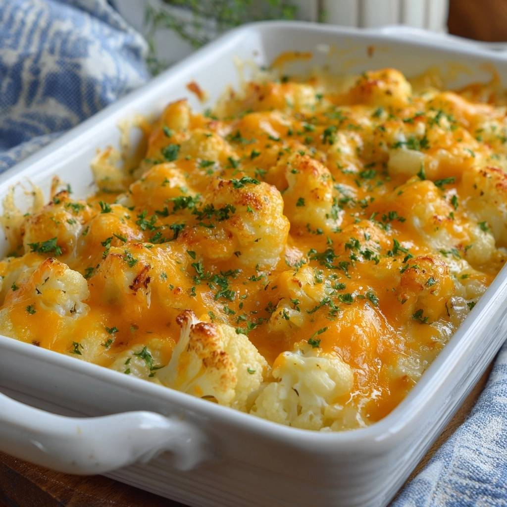 Cheesy baked cauliflower with golden melted cheese and fresh parsley garnish, close-up view of florets.