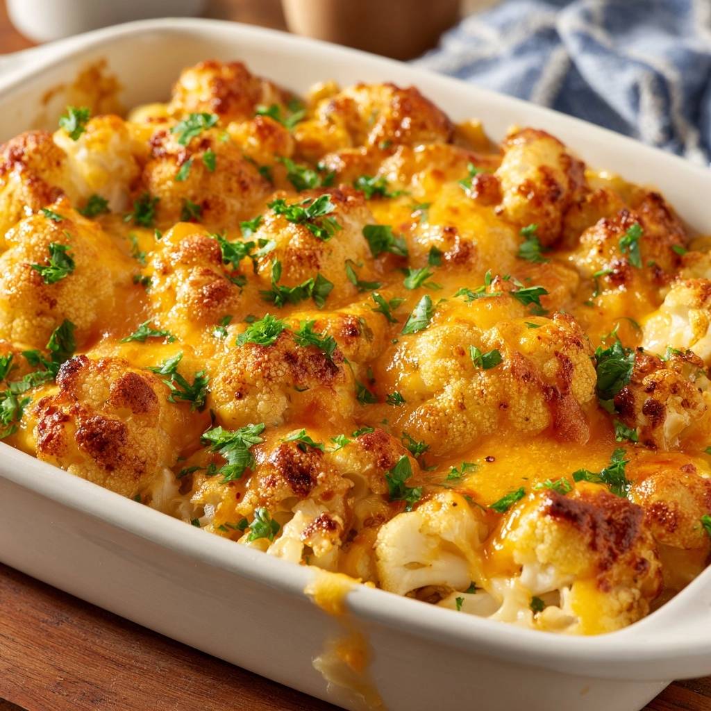 Cheesy baked cauliflower florets covered in a golden cheese sauce and garnished with fresh parsley.