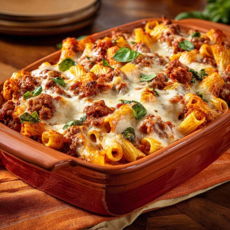 Cheesy baked rigatoni in a rustic casserole dish, showing a close-up view of the bubbly cheese and rich meat sauce.