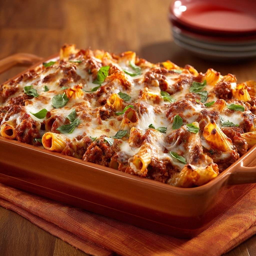 Cheesy baked rigatoni with a close-up showing gooey melted cheese and fresh basil garnish.