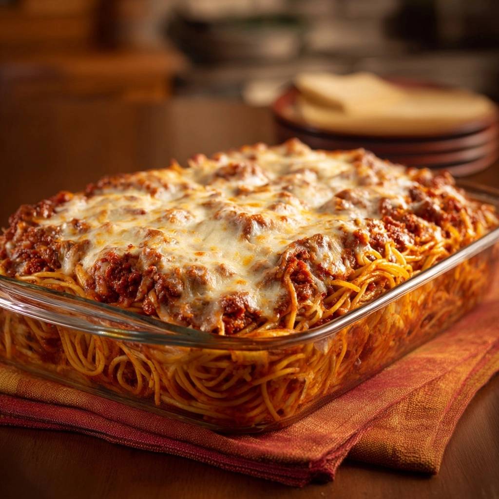 Cheesy baked spaghetti with golden melted mozzarella topping in a glass baking dish.