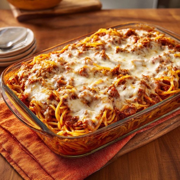 Cheesy baked spaghetti in a glass dish, topped with golden melted mozzarella cheese.