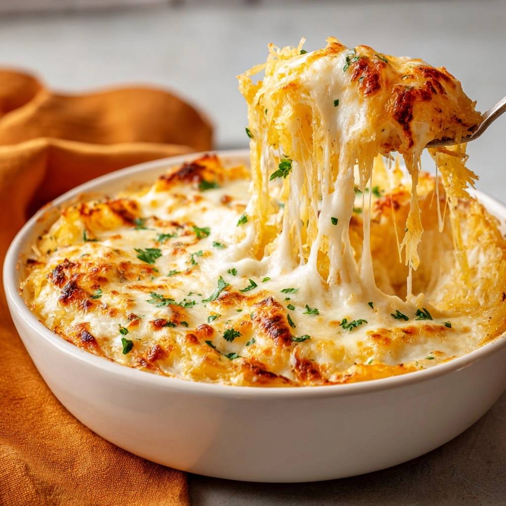Cheesy baked spaghetti squash with a melty cheese pull captured on a fork, garnished with parsley.