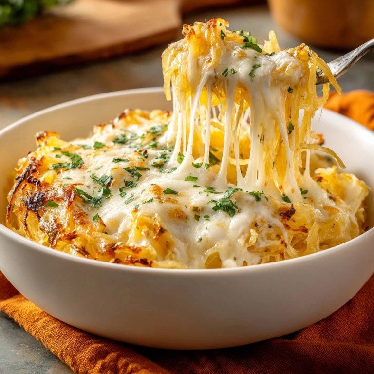 Cheesy baked spaghetti squash with a melty cheese pull being lifted by a fork, garnished with parsley.