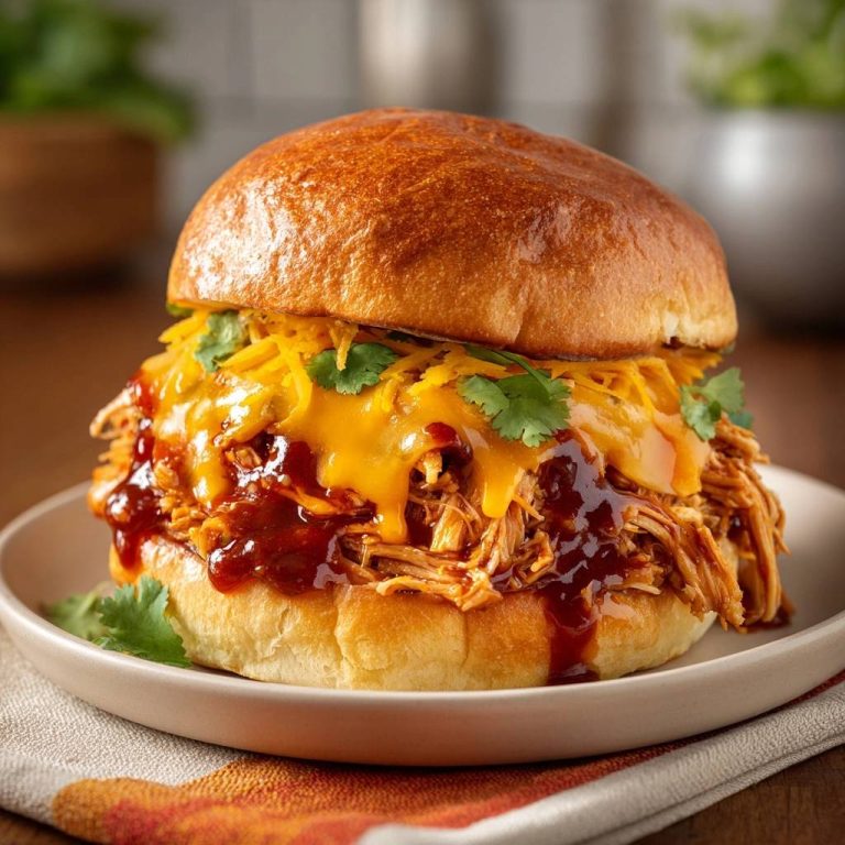 Cheesy BBQ pulled chicken sandwiches piled high on a bun, topped with melted cheddar and cilantro.