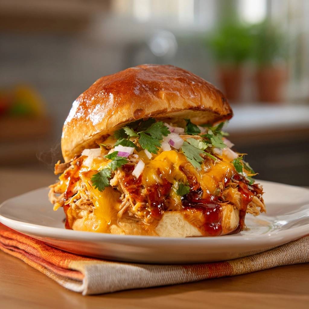 Cheesy BBQ pulled chicken sandwich plated with melted cheddar and fresh cilantro topping.