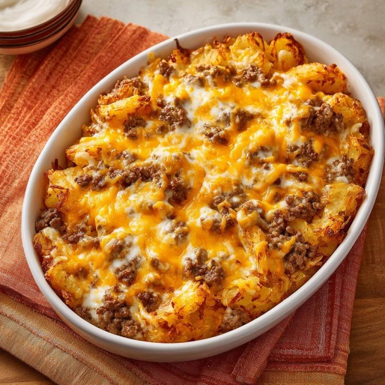 Cheesy beef hash brown casserole baked and bubbling in a white oval dish, with golden melted cheese on top.