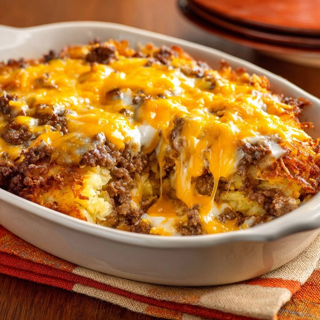 Cheesy beef hash brown casserole with a close-up view showing gooey melted cheese pulling apart.