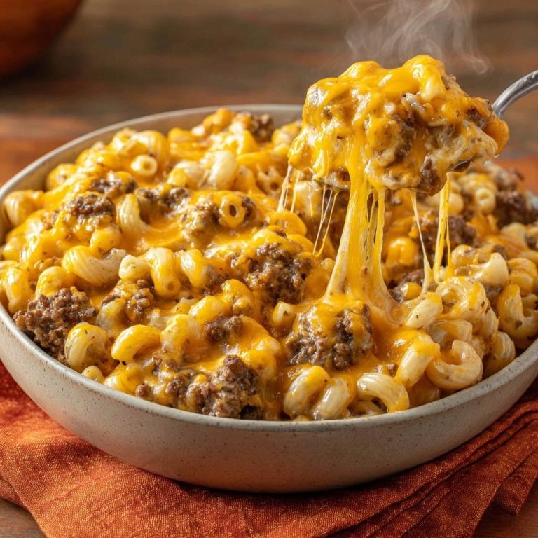Cheesy beef macaroni with ultra-smooth cheese sauce, with a spoonful showing a dramatic cheese pull.