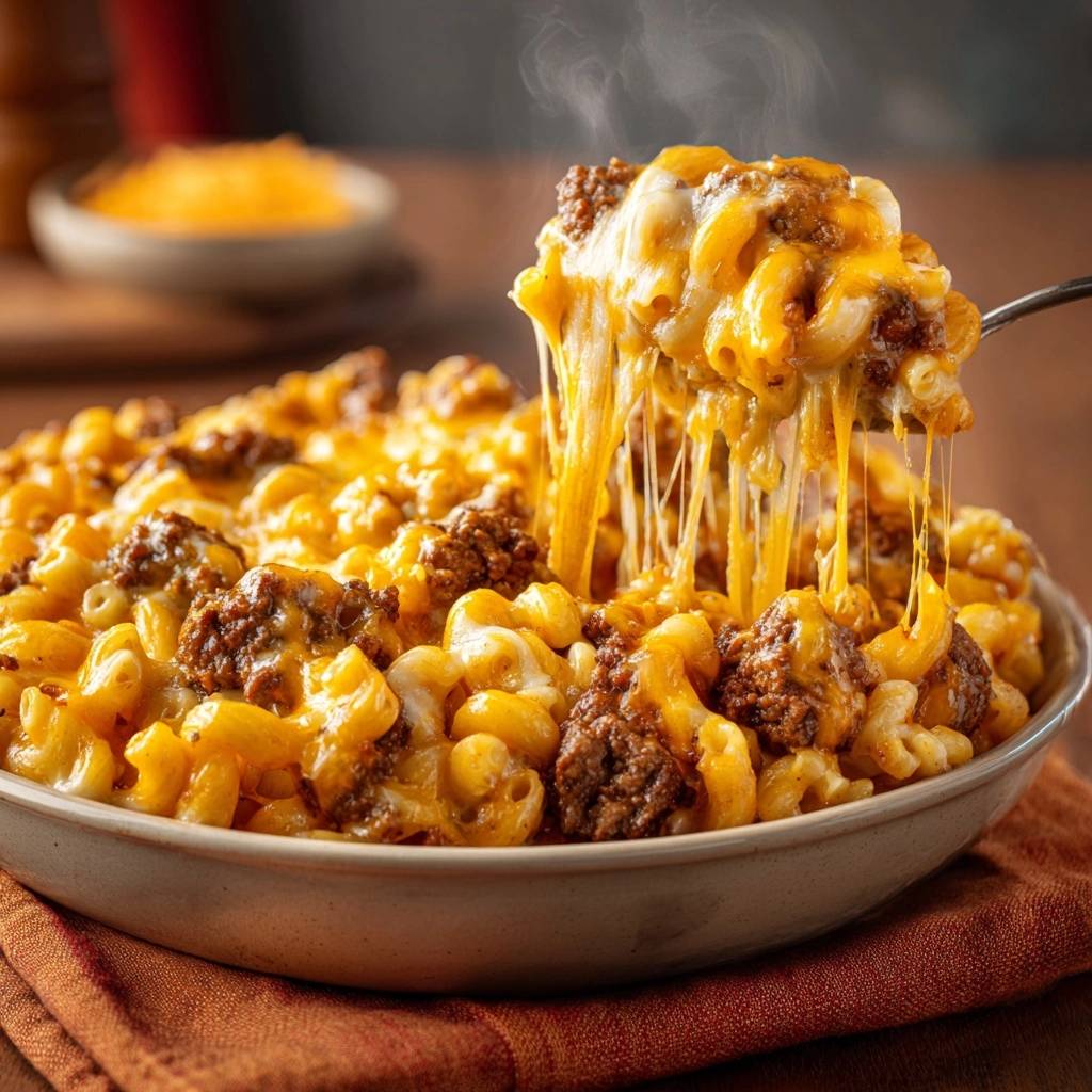 Cheesy beef macaroni with ultra-smooth cheese sauce, showing a spoonful lifting with long strands of melted cheese.