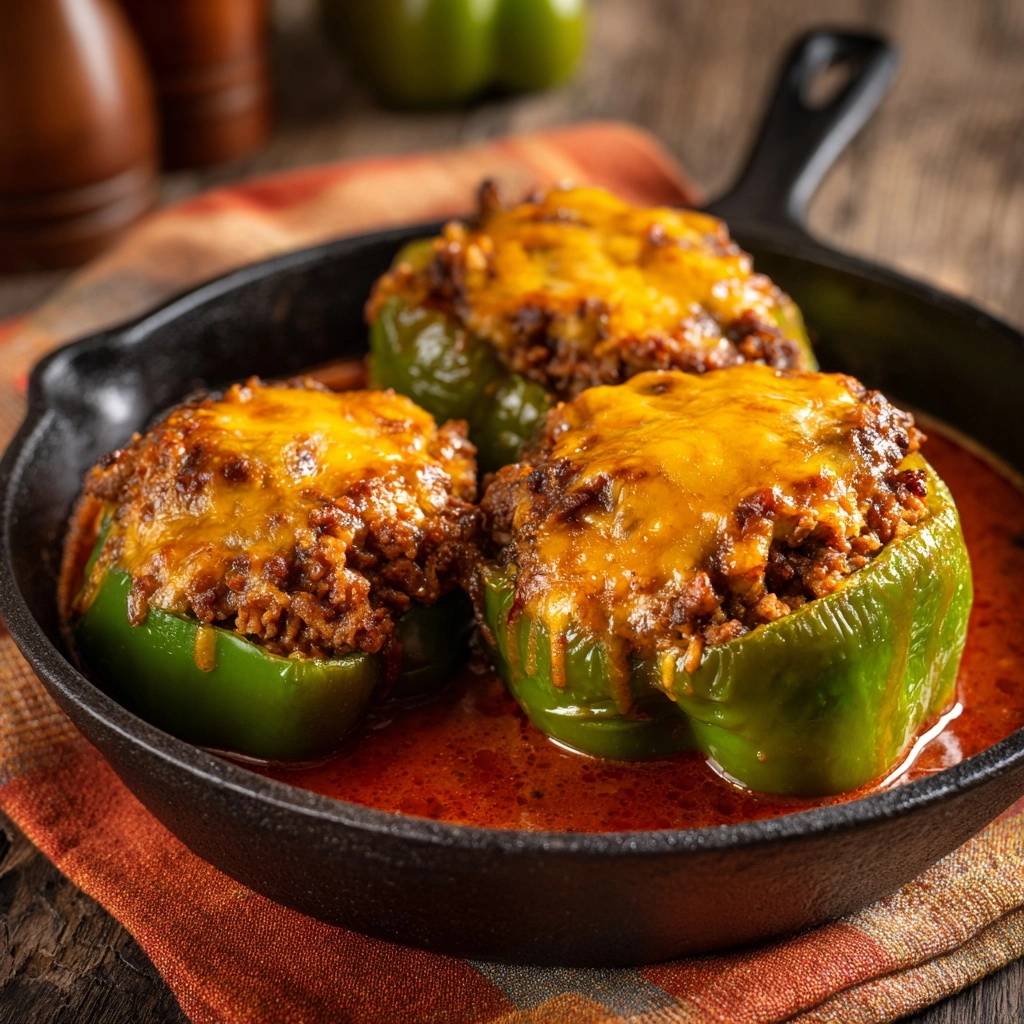 Cheesy beef stuffed peppers served in a cast iron skillet, showcasing the melted cheese topping.