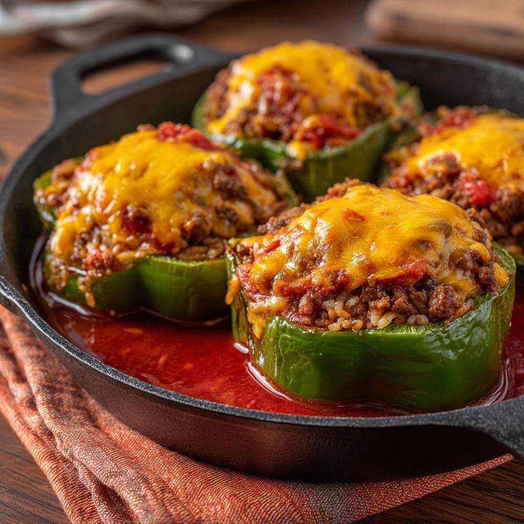 Cheesy beef stuffed peppers in a cast iron skillet, showcasing the melted cheddar cheese topping and rich tomato sauce.