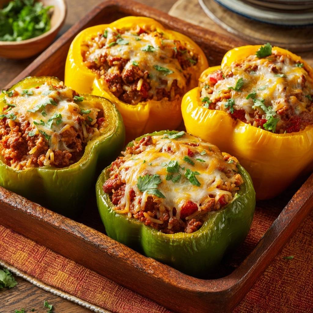 Cheesy beef stuffed peppers served in a wooden tray, showing the savory filling and melted cheese topping.