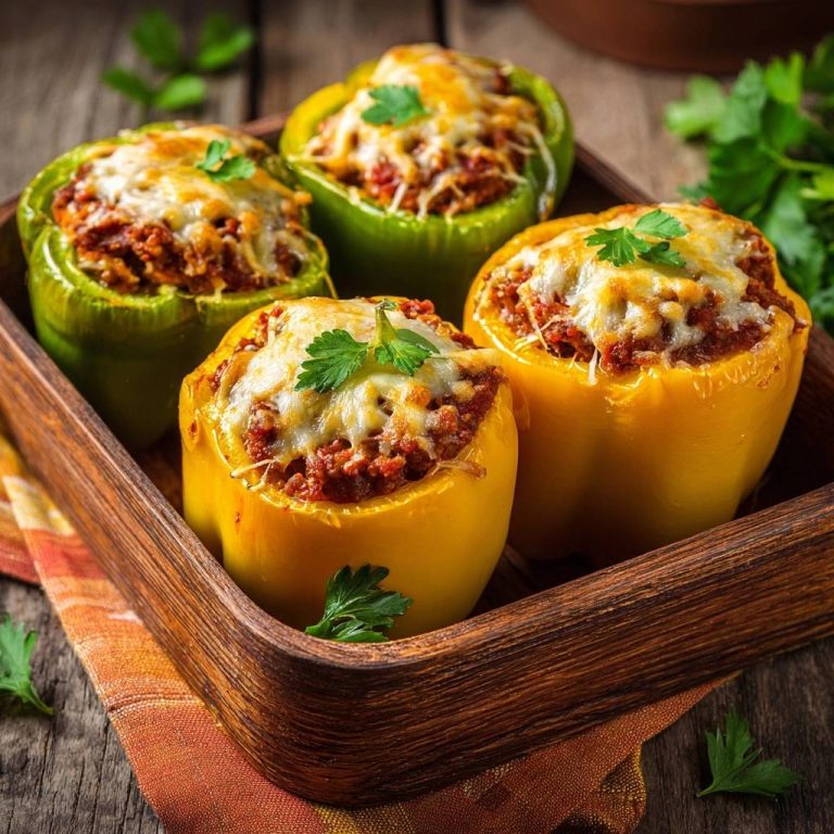 Cheesy beef stuffed peppers presented in a wooden tray, showcasing a close-up view of the golden-brown topping and colorful pepper shells.