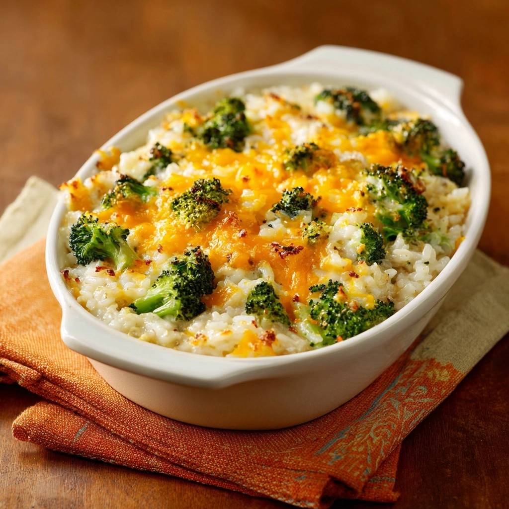 Cheesy broccoli rice casserole baked in a white dish, topped with melted cheddar and roasted broccoli florets.