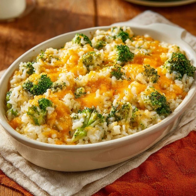 Cheesy broccoli rice casserole with crisp broccoli, showing a close-up of melted cheddar cheese topping the dish.
